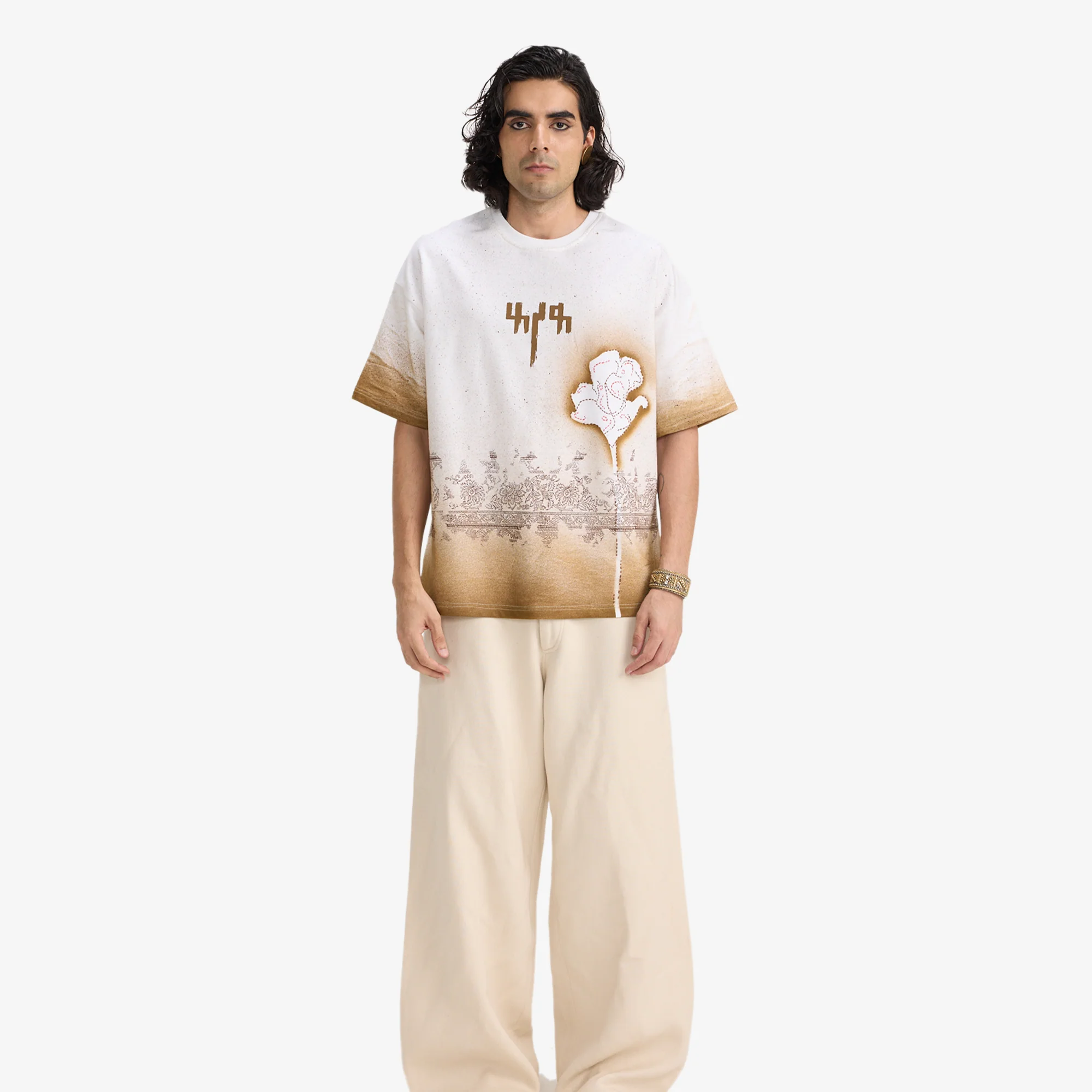 F A R A K | BURNING FLOWER HANDMADE T-SHIRT { WHITE/WHITE - Image 5